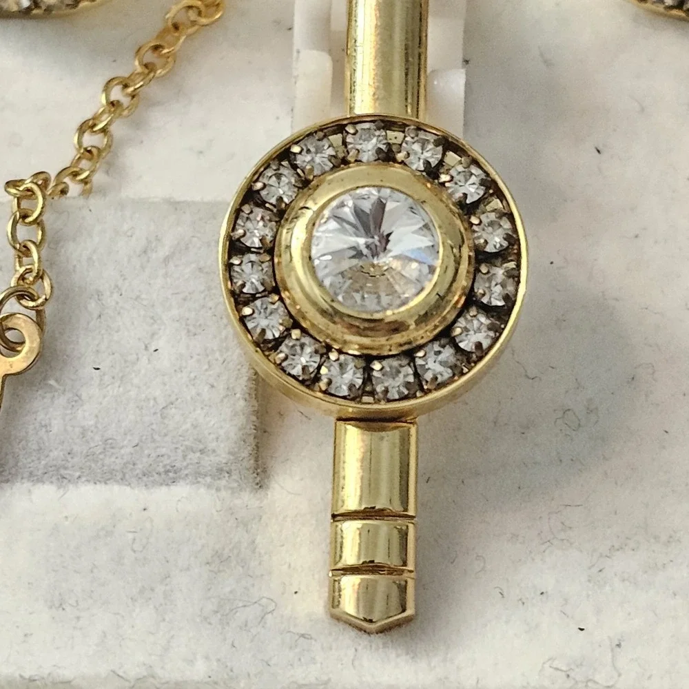 Vintage Gold Tone Cufflinks & Tie Bar Set Clear Rhinestone Halo Round Korea